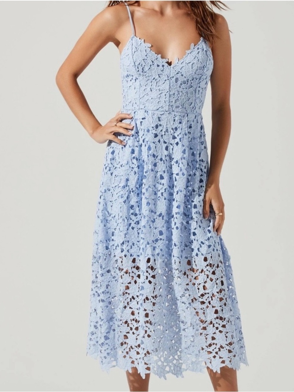 Astr Skye Lace Midi Dress in Light Blue